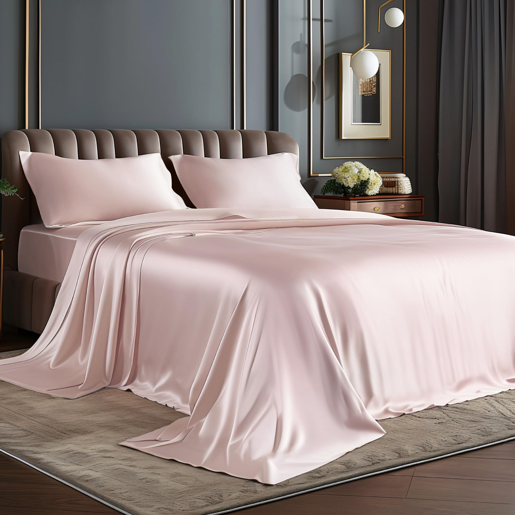 Photo 1 of BEDELITE Satin Sheets Full Size Bed Set, Luxury Soft Pink Silky Sheets for Hair and Skin, Similar to Silk Bed Sheets Set 4 Pieces with 1 Deep Pocket Fitted Sheet, 1 Flat Sheet, and 2 Pillowcases