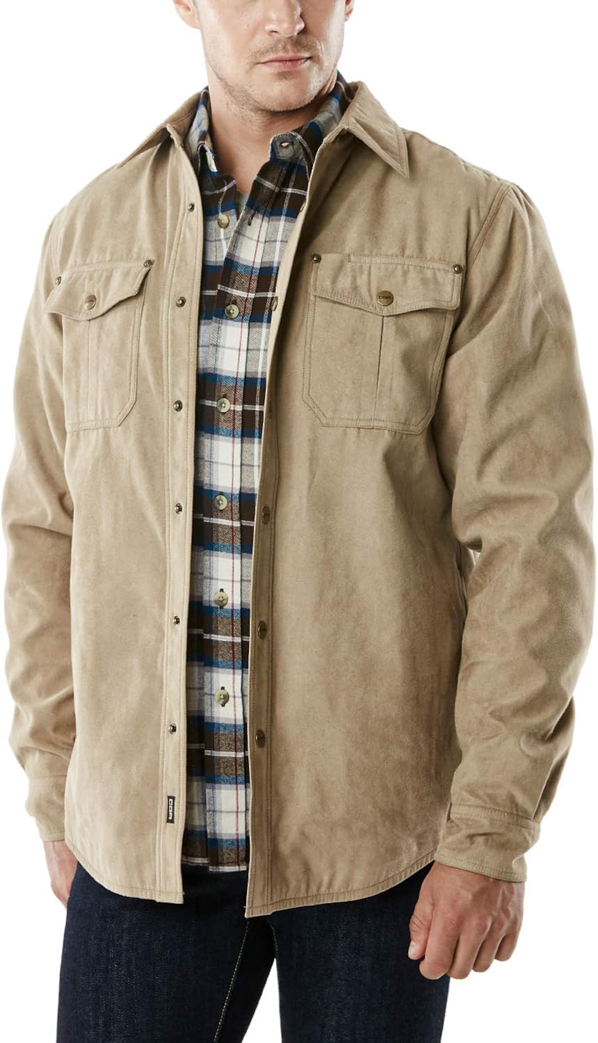 CQR Men's Flannel Long Sleeved Rugged Plaid Cotton Brushed Suede Shirt Jacket: Clothing