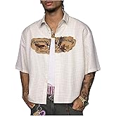 GORGLITTER Men's Plaid Cropped Shirts Button Down Up Graphic Flap Short Sleeve Collar Tops Casual Vintage