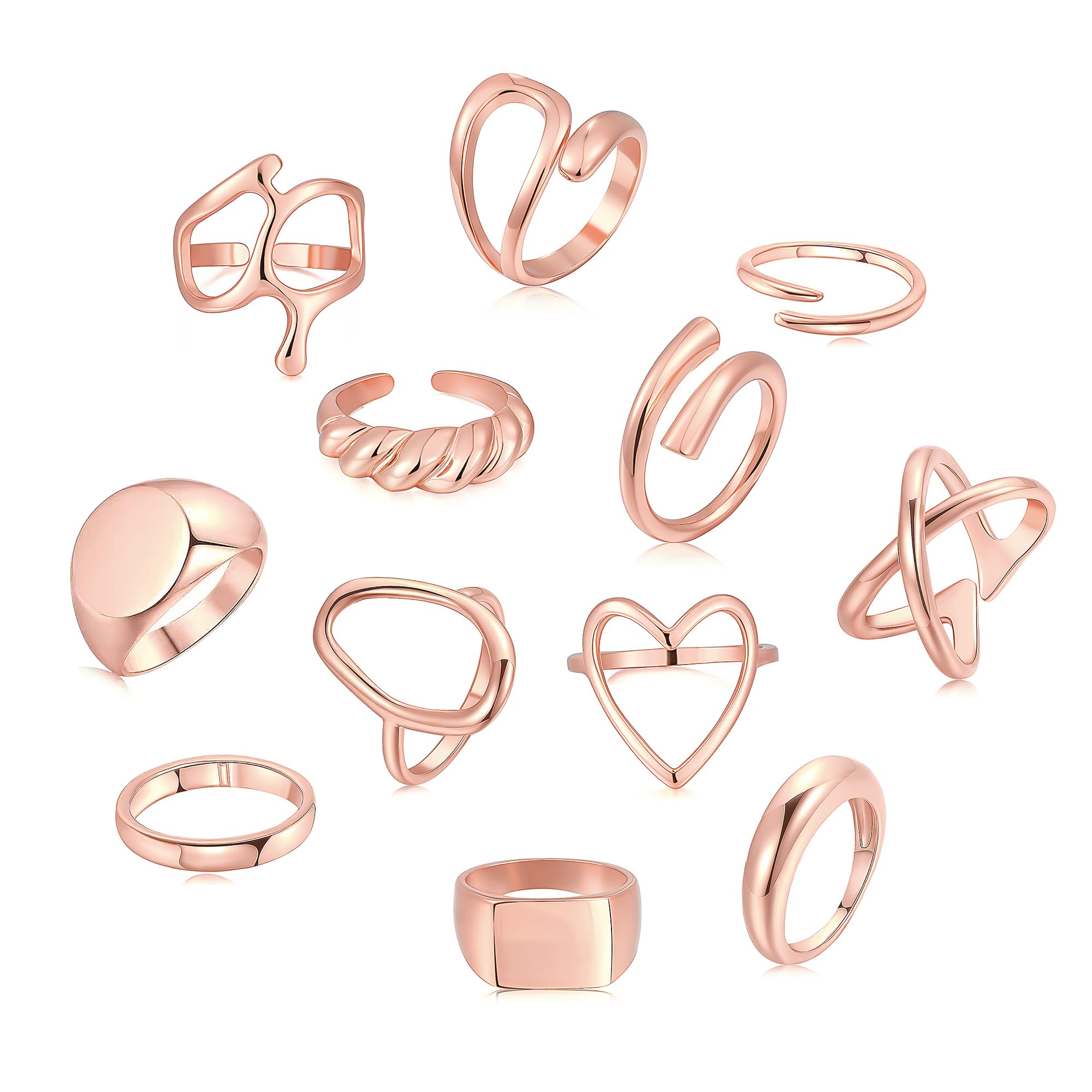 FAXHION 12PCS Gold Stackable Rings Set for Women, 18K Gold Plated Open Stacking Knuckle Ring, Adjustable Chunky Signet Band Statement Ring for Gift