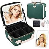 GIUWESOY Travel Makeup Bag with Light Up Mirror, Portable Makeup Bag with Led Light Women Waterproof Makeup Travel Case adjustable dividers Rechargeable Vanity Mirror with 3 Color Lights (Green)