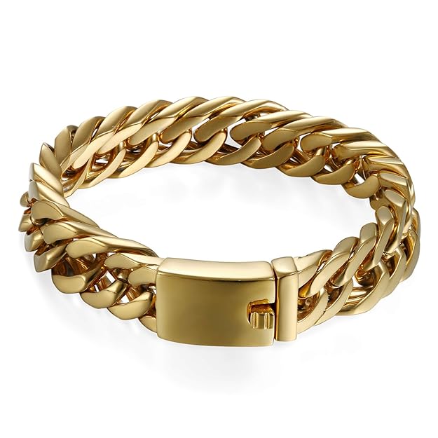 Edelstahl Herren Armband Panzerarmband gold, 15mm Breite Große Armreif Armschmuck Armkette Handgelenk mit Steckschließe , 22c
