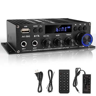 Romicta Stereo Audio Amplifier, 2.0 CH Mini HiFi Stereo AMP Bluetooth 5.0 Amp Receiver with 400W+400W, FM, AUX, USB, Microphone Input, 12V 5A Power Supply, Power Amplifier for Car Home Bar Party