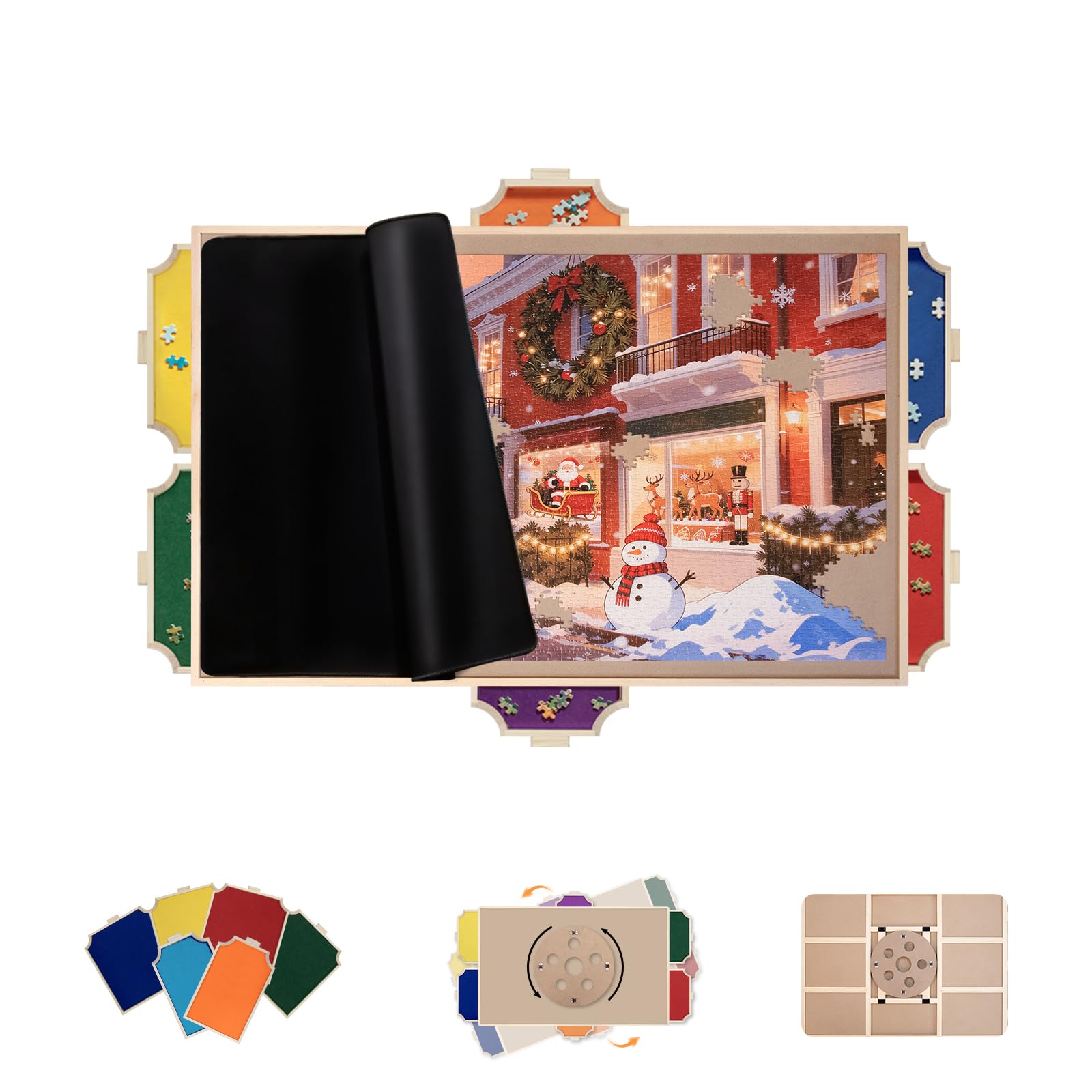 Photo 1 of 1000 Piece Rotating Puzzle Board Pro, 29" x 21" with 6 Drawers, Rubber Cover Mat, 360° Lasy Susan, Sort-Wise Colorful Felt Drawers & 4 Trays, Wooden Jigsaw Puzzle Table, Birthday Gifts for Mom