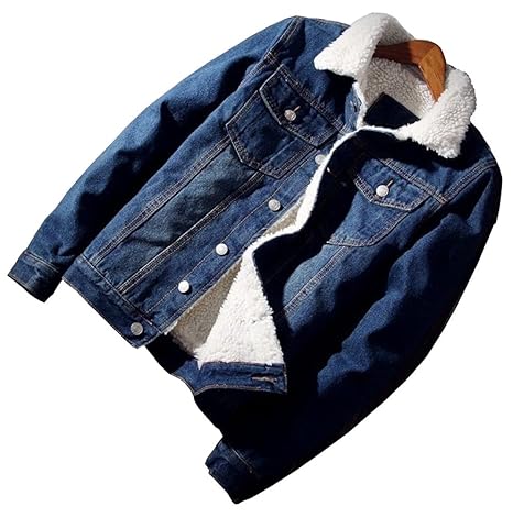 Brinny Herren Jeansjacke mit Fellkragen Winter Denim Jacke Sherpa Trucker verdickt Wärmejacke Cowboy Jacke - Dunkelblau/Schwa