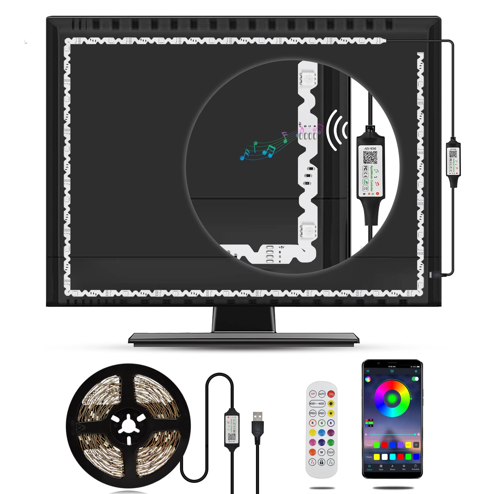DANCRA 3M USB RGB LED TV Backlight, 32" Computer Monitor Light, App Control, Sync to Music, Indoor Use