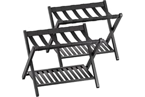 SMIBUY Luggage Rack, Set of 2, Foldable Bamboo Suitcase Stand with Storage Shelf for Guest Room, Bedroom, Hotel, Heavy-Duty (Black)