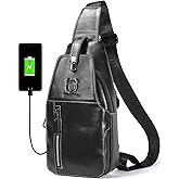 Genuine Leather Sling Bag Mens Crossbody Backpack Hiking Casual Daypack Shoulder Chest Bag with USB Charging Port