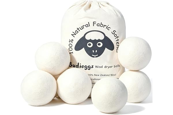 Budieggs Wool Dryer Balls Organic XL 6-Pack, 100% New Zealand Wool Chemical Free Fabric Softener for 1000+ Loads, Baby Safe &