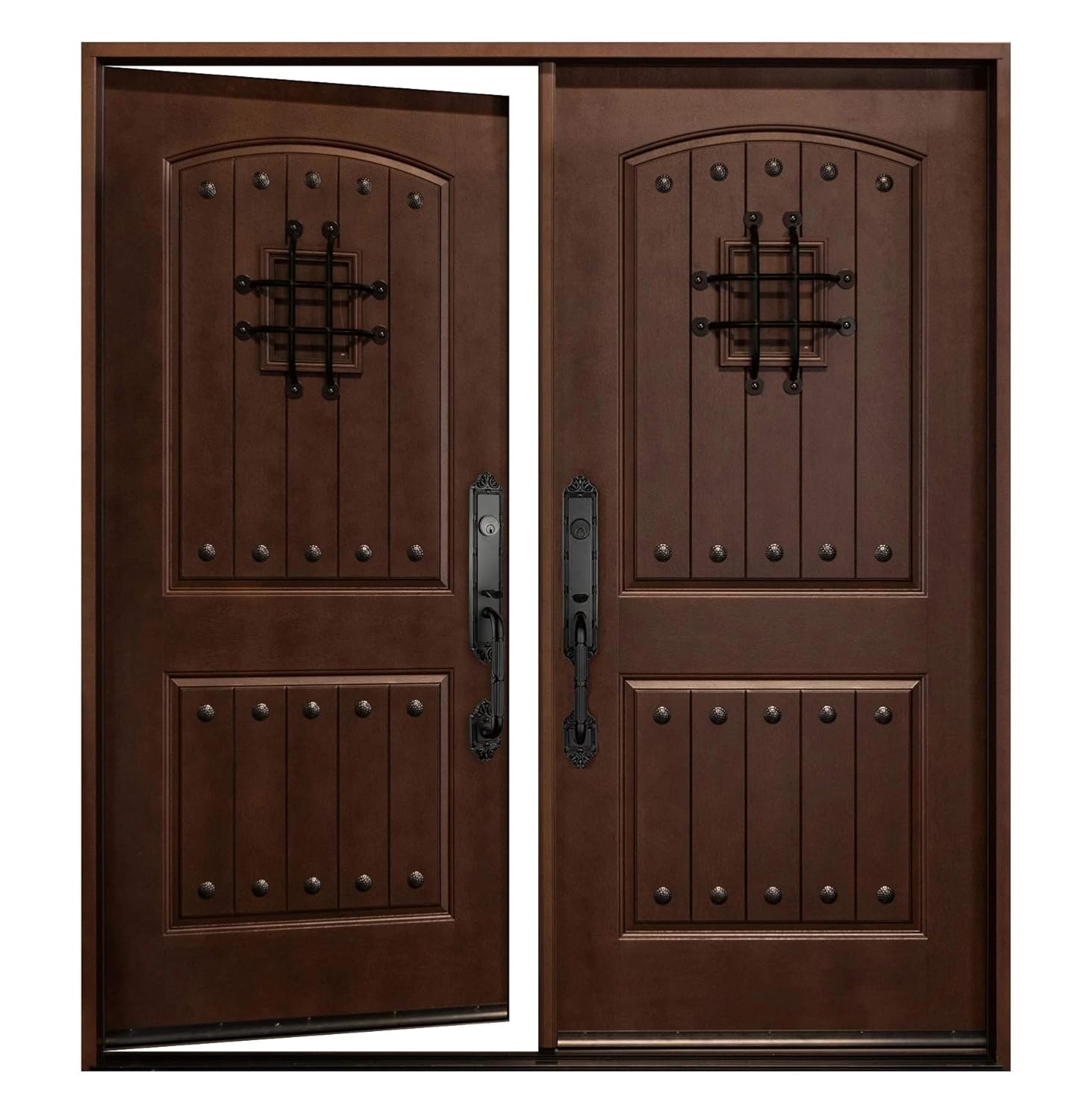 Fiberglass Double Doors,Dark Walnut Finish,with Speakeasy Fiberglass Double Doors,Dark Walnut Finish,with Speakeasy