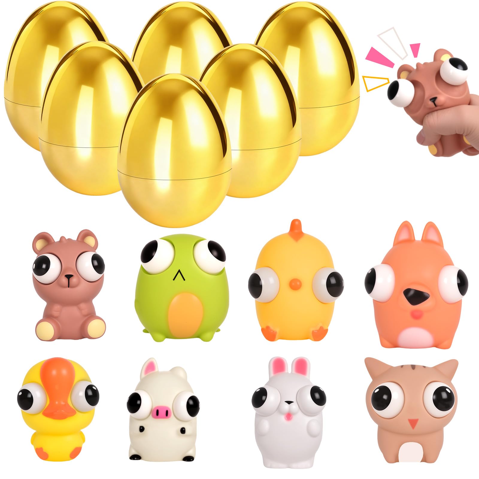 Aurdox 8 Pack Jumbo Golden Easter Eggs Fillers with Popping Eyes Fidget Toys, Squeeze Animals for Stress Relief, Easter Basket Stuffers & Easter Hunt Party Favors Classroom Prize Gifts for Kids