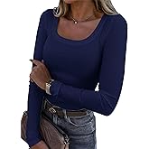 Roselux Womens Long Sleeve Scoop Neck Ribbed Knit Fitted Casual Tops Tee Slim Basic Shirts