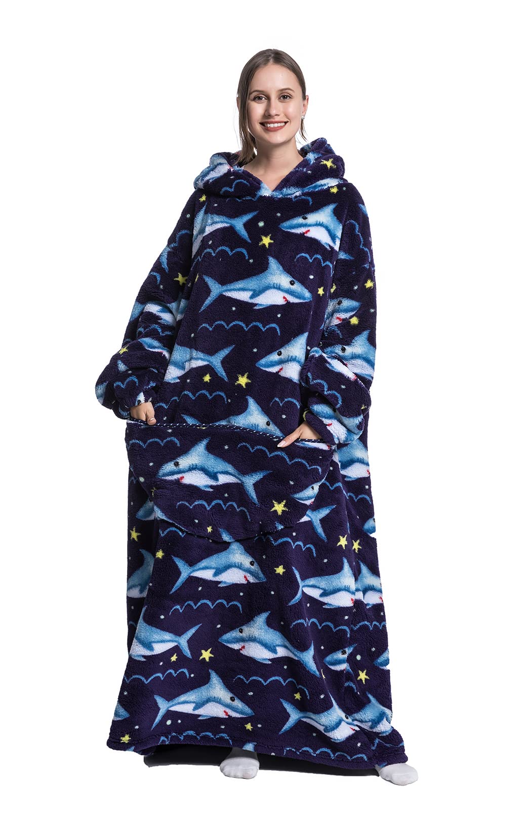 Seogva Extra Long Wearable Blanket Hoodie, Oversized Blanket Sweatshirt for Women and Men, Super Warm and Cozy Giant Hooded Blanket, Thick Flannel Blanket with Sleeves and Giant Pocket (Shark Navy)