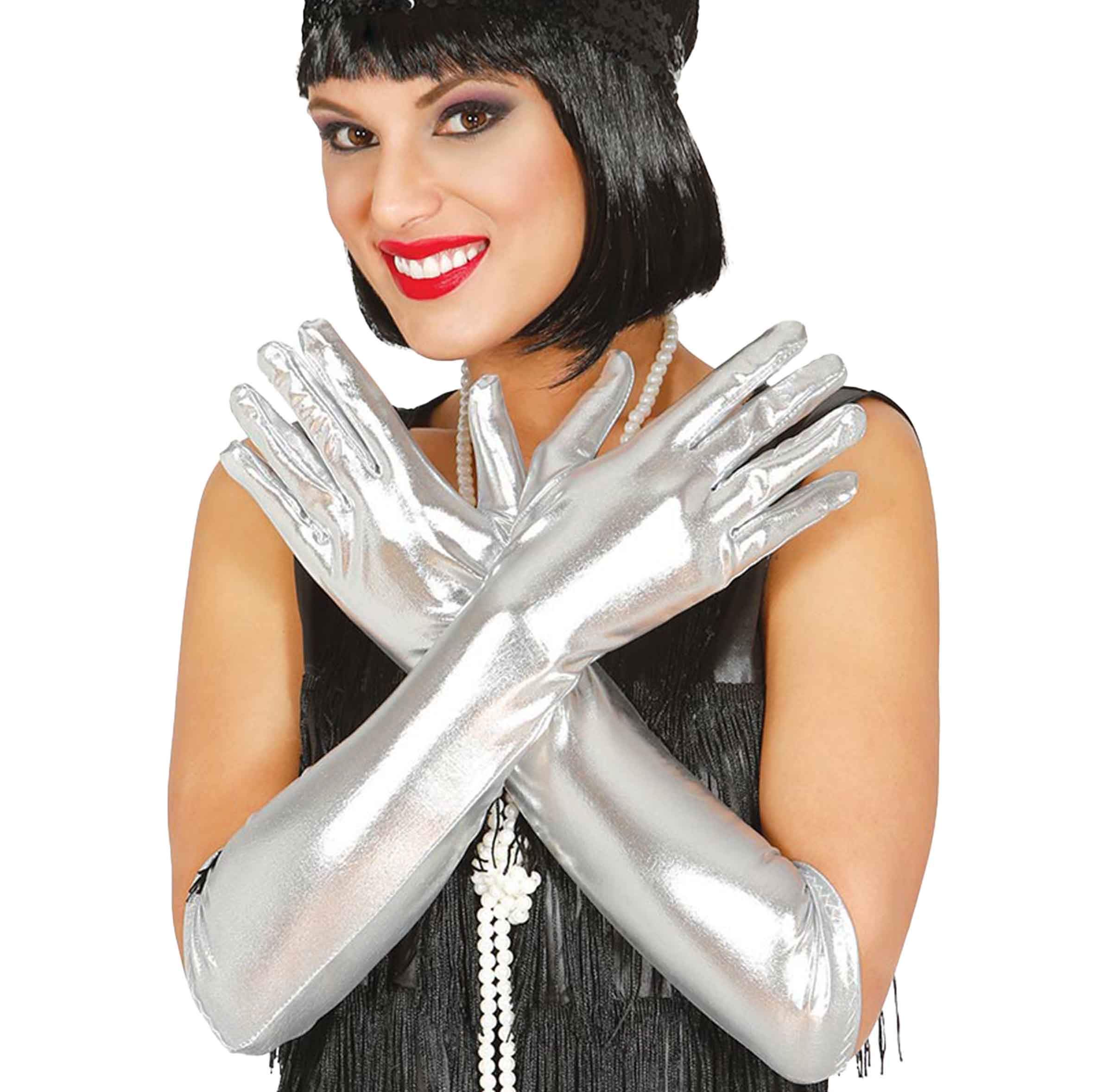 Fiestas Guirca Iridescent silver gloves long 44 cm