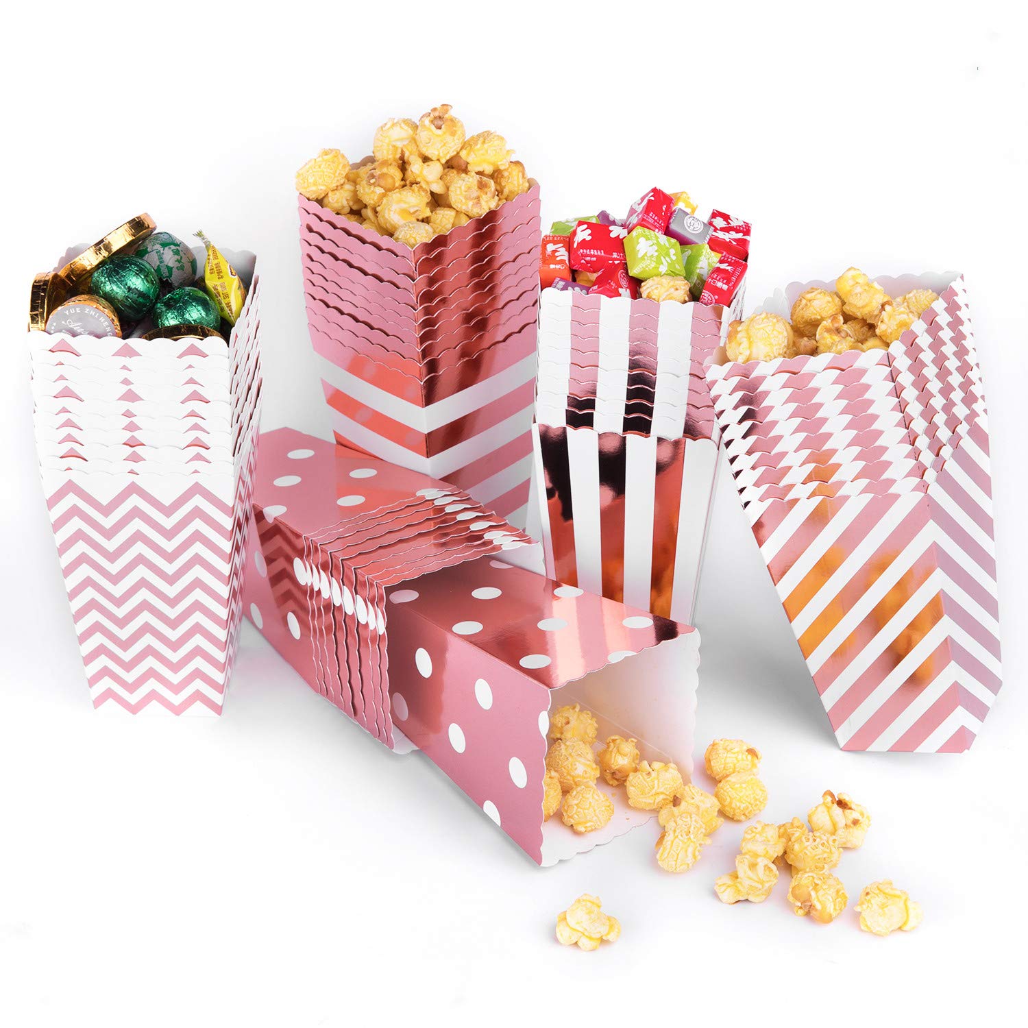Popcorn Boxes Bags, 50PCS Popcorn Boxes Cardboard Candy Container for Party Snacks, Popcorn and Gifts -Rose gold
