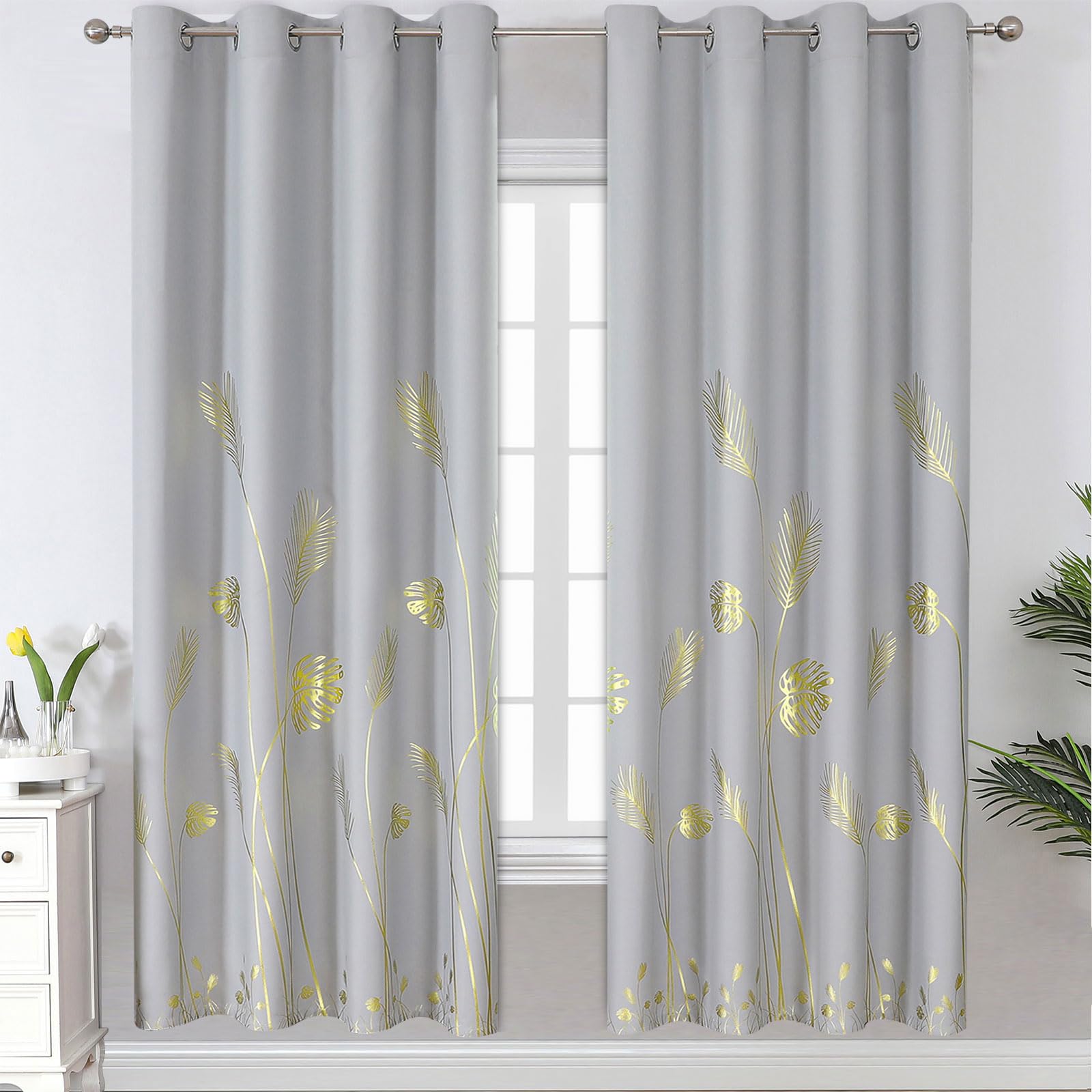 Estelar Textiler Light Grey Blackout Curtains 72 Inches Long, Gold Palm Tree Pattern Light Gray Curtains, Light Blocking Thermal Insulated Grommet Window Drapes for Bedroom, 52Wx72L, 2 Panels Image Estelar Textiler Light Grey Blackout Curtains 72 Inches Long, Gold Palm Tree Pattern Light Gray Curtains, Light Blocking Thermal Insulated Grommet Window Drapes for Bedroom, 52Wx72L, 2 Panels Image