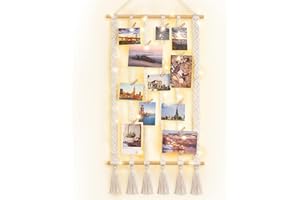 Dahey Macrame Hanging Photo Display Dorm Wall Decor Boho Picture Frames Collage for Picture String with Clips Photo Hanger with Lights Artwork for Teen Girl College Living Room Bedroom Christmas Gift