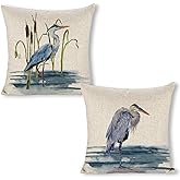 Linen Pillow Cases Standard Size Set of 2 - 18x18 Inch Decorative Cushion Cases with Blue Heron Bird Print - Premium Home Decor Pillow Covers - Couch Pillows for Living Room Indoor Sofa Bed Decors