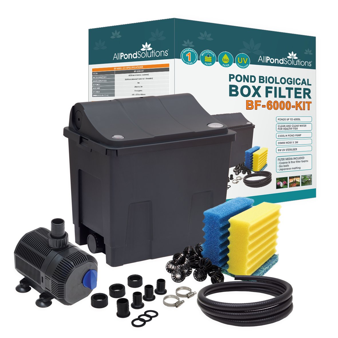 Small Fish Pond Filter Box - Koi/Goldfish - Ponds up to 6000L Full Kit - Includes 9w UV 2300L/H Pump hosing and clips.