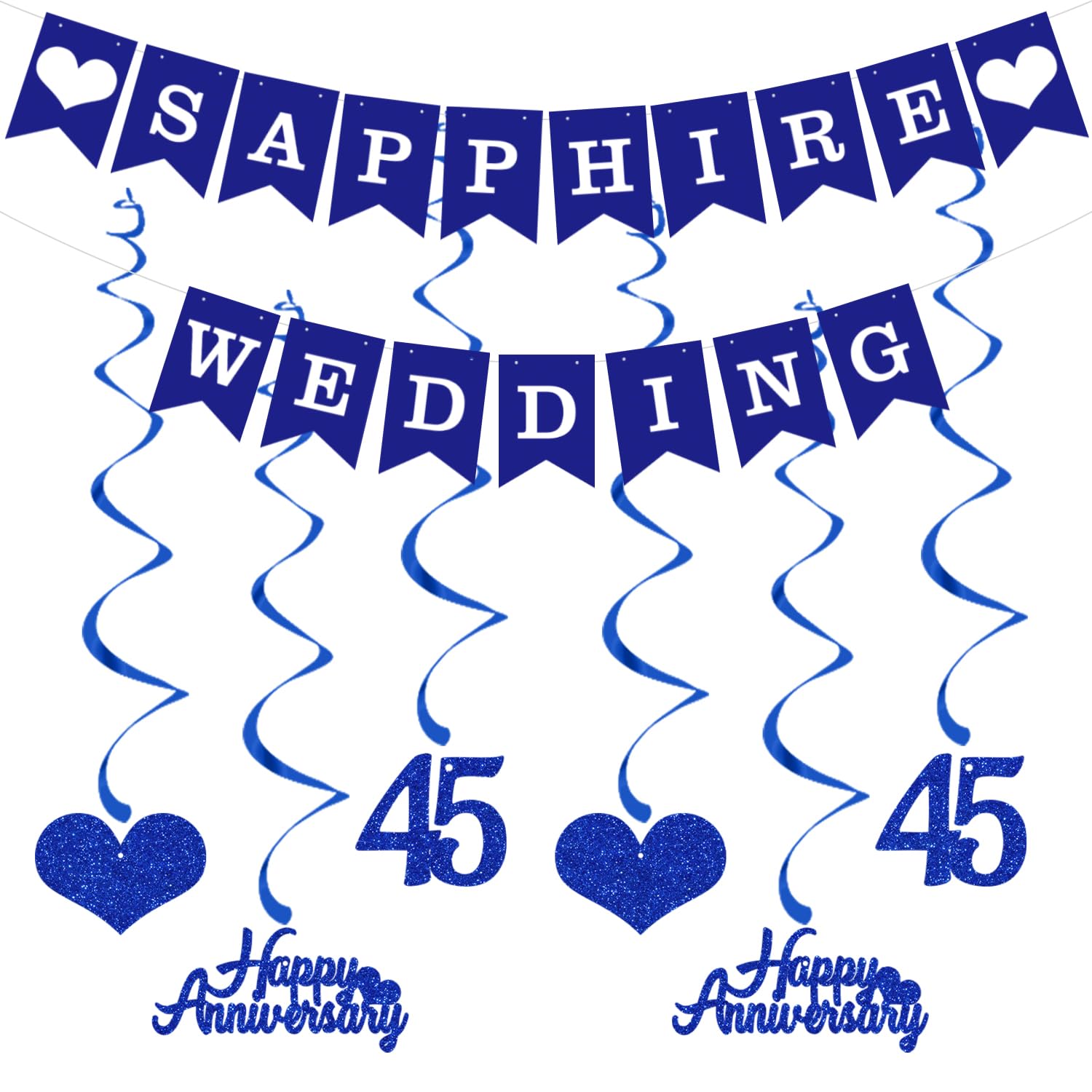 Elicola 45th Anniversary Decorations Sapphire Wedding Banner Hanging Swirls Happy 45th Anniversary Bunting Backdrop for Party Decorations
