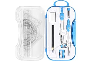 Unjoo Math Geometry Kit Sets 10 Piece Student Supplies with Shatterproof Storage Box,Includes Rulers,Protractor,Compass,Eraser,Pencil Sharpener,Lead Refills,Pencil,for Drafting and Drawings（Blue）