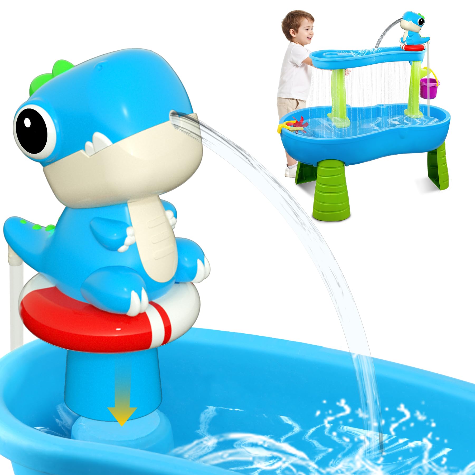 Litand Dinosaur Water Table Pump Continuous Flow – Rechargeable Battery Powered Water Pump for Water Table Accessories – Summer Outdoor Water Play Toys (Blue)