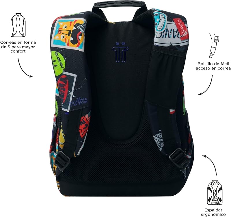 - Mochila escolar, modelo de elásticos, mochila média, capacidade de 15 L, bolso para PC de 14", bolso para garrafa, encosto ergonómico para fluxo de ar, correias em S confortáveis, impressão pegajosa