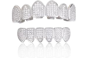 AINTTBY Hip-Hop 18K Gold Teeth Grillz Grills Inlaid with shiny zircon Rap Accessory Teeth Braces personality Halloween＆Christmas Wear - Comes With Tweezer & Dental Wax