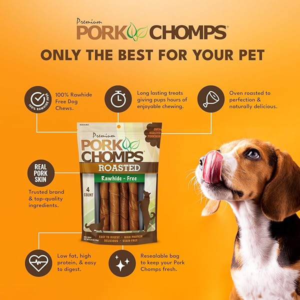 PORK CHOMPS ROASTED PORK SKIN DOG CHEWS, 6-INCH TWISTS, 4 COUNT
