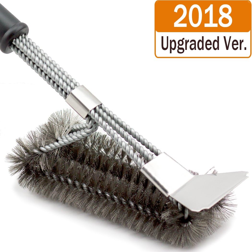 [2018 Upgraded]BBQ Grill Brush and Scraper, 18 Inches 3 in 1 Barbecue Cleaning Brush with Stainless Woven Steel Wire Bristles & Soft Comfortable Handle - Safe for Porcelain, Ceramic, Steel, Iron