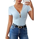 Pink Queen Women Summer Tops Stylish Deep V-Neck Short Sleeve Shirt with Metal Ring Decor