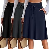Neer 3 Pack Women's Knee Length Midi Skirts, Flowy Flared High Waisted A-Line Casual Drawstring Summer Skirts with Pockets