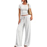 Trendy Queen Women's 2 Piece Matching Summer Lounge Set with Pockets | Vacation Airport Travel Outfits, Workout Gym Clothing Comfy Athleisure Clothes, Side-ruched Top, Drawstring Wide Leg Pants