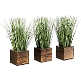 MyGift Artificial Green Grass Plants Trio in Rustic Burnt Solid Wood Planter Boxes, Faux Greenery in Decorative 4 Inch Square Wooden Containers, Set of 3