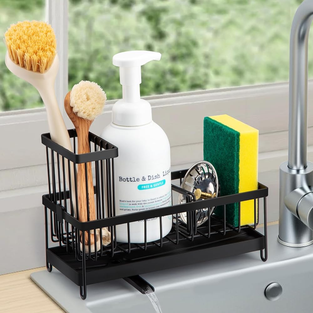 Sinnsally Sink Caddy Kitchen Organizer with Drainage Spout & Brush Holder