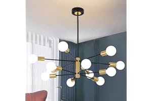 HUMHOLD 12-Light Modern Sputnik Chandelier, Mid Century Black Gold Ceiling Chandeliers,E26 Base,Branch Height Adjustable Pendant Lighting Fixture for Kitchen Island Dining Room Living Room Bedroom
