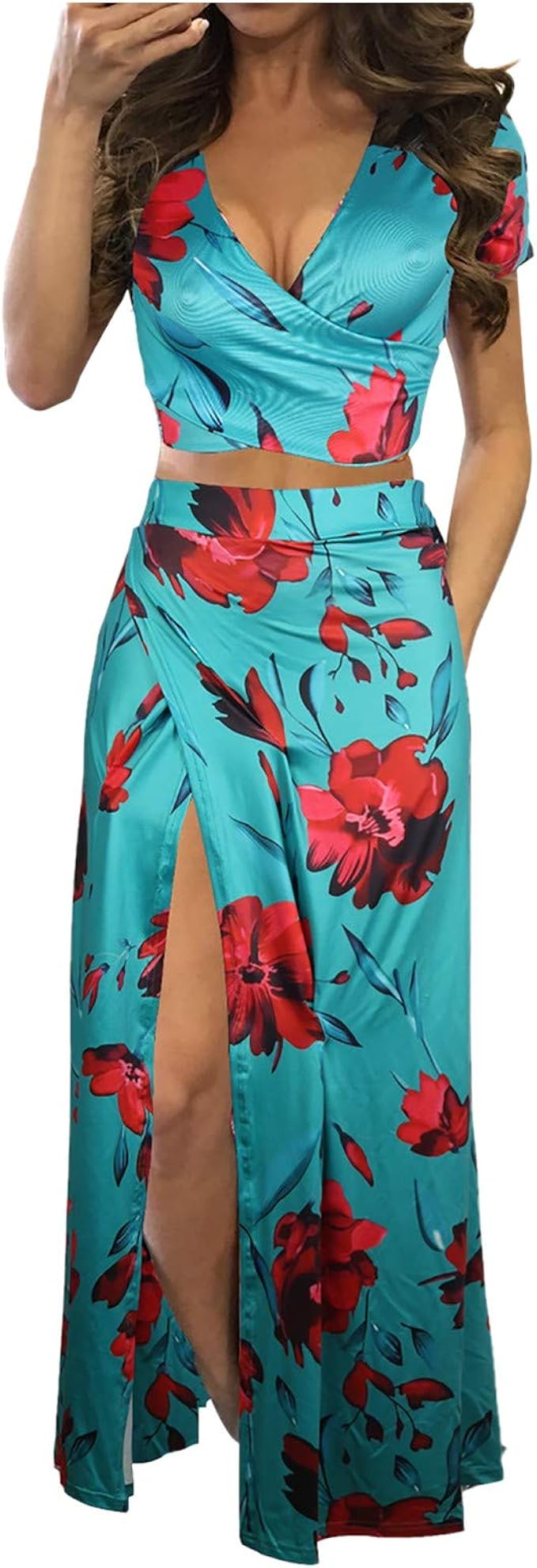 Two Piece,Coord Floral Maxi Summer Dresses,Women's Dress Boho High Waist Maxi Dress Sexy