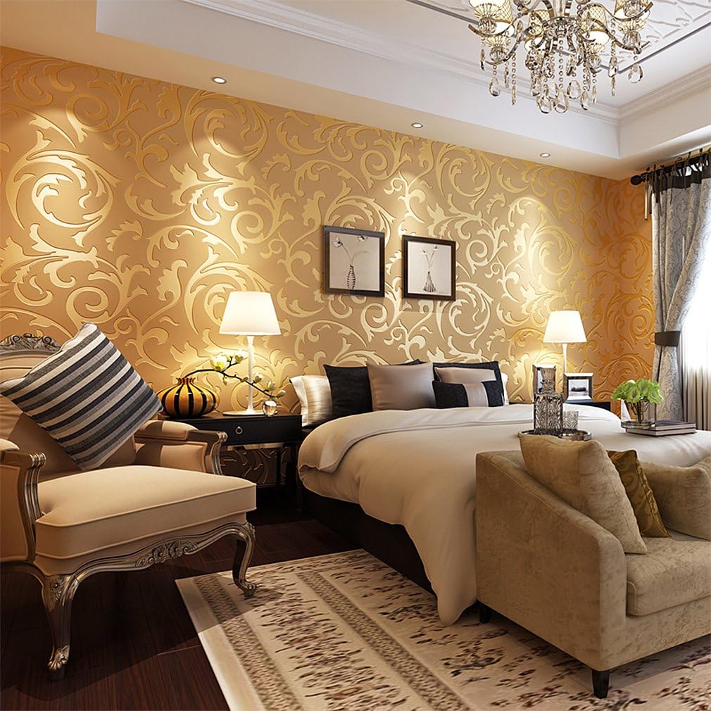 ARUHE Long Murals PVC Vinyl Bump-dimensional Environmental Protection Wall Paper Wallpaper Roll Damask Material Embossed Textured Pattern Wallpaper Tv Living Room Bedroom - Gold 21.7" x 393.7"