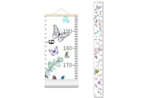 ASENART Kids Growth Chart Wood Frame Fabric Canvas Butterfly Height Measurement Ruler from Baby to Adult for Child's Room Decoration 7.9 x 79in