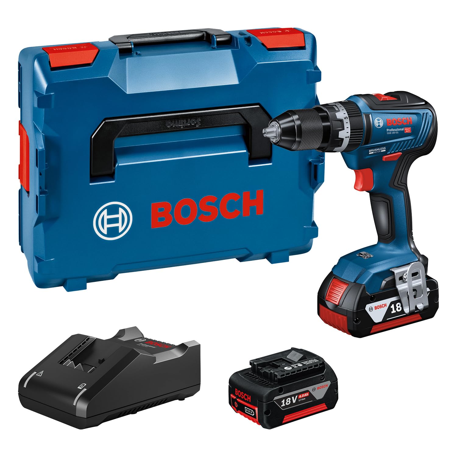 Bosch Professional 18V System Cordless Combi Drill GSB 18V-55 (incl. 2X ProCORE18V 4.0Ah Batteries, Charger 18V-40, L-BOXX 136)