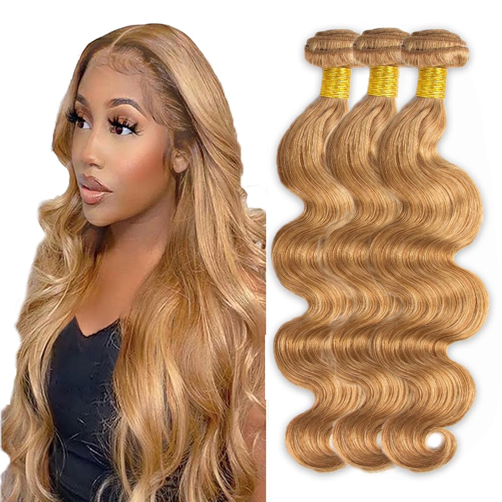 Photo 1 of #27 Blonde Bundles Human Hair Body Wave Bundles 22 24 26 Inch 3 Bundle Unprocessed Brazilian Virgin Hair Honey Blonde Body Wave Human Hair Extensions 50 Gram Per Bundle