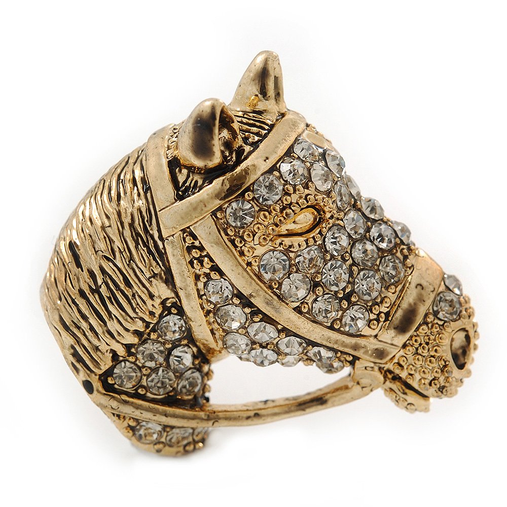 Burn Gold Diamante Horse Head Brooch - 30mm Across