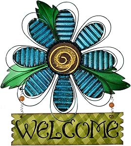E-view Metal Welcome Sign Daisy Hanging Signs for Front Door - Indoor Outdoor Door Decor Wall Art Flower Decoration Decorative Ornament Wreath for Home Garden Patio (Blue)