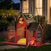 Solar Bird Feeders House for Outdoors Hanging, 7LBS Large Capacity Metal Wild Bird Feeder Squirrel Proof for Outside with Water Cup, Cardinal Birdfeeder Birdhouses Gift for Bird Lovers (Red)