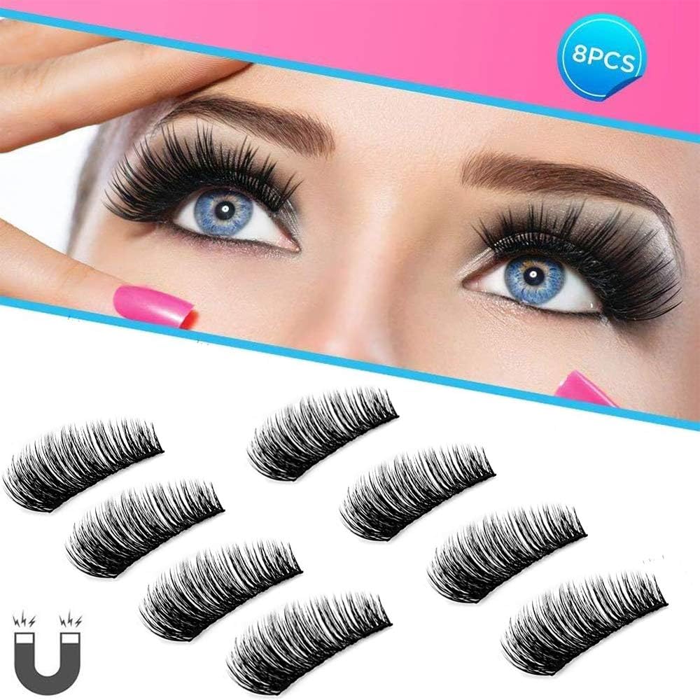 Magnetic Eyelashes 3D Natural Look Full Eye Dual Magnetic Lashes Extension 0.2mm Ultra Thin Reusable Magnetic Lashes 2 pairs 8 pieces (Black)