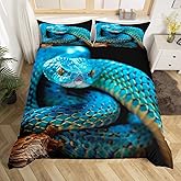 Castle Fairy Blue Snake Duvet Cover for Boys & Girls - 3D Reptile Comforter Cover, Full Size, Snake Skin Printed Bedding Set, Palm Leaf Bedclothes with Zipper