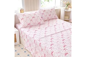 Homilay Full Sheets Set Kids - 4 Piece Pink Bow Sheets for Boys, Girls, Teens, Toddler, Easy Fit Deep Pockets, Breathable, Wrinkle-Free, Cozy Soft Cartoon Print Cute Bed Sheets