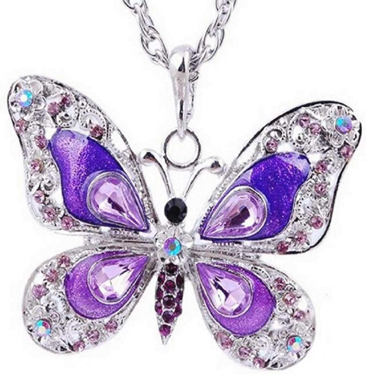 Women's Necklace Butterfly Glitter Large Long Valentine's Day Silver Color
