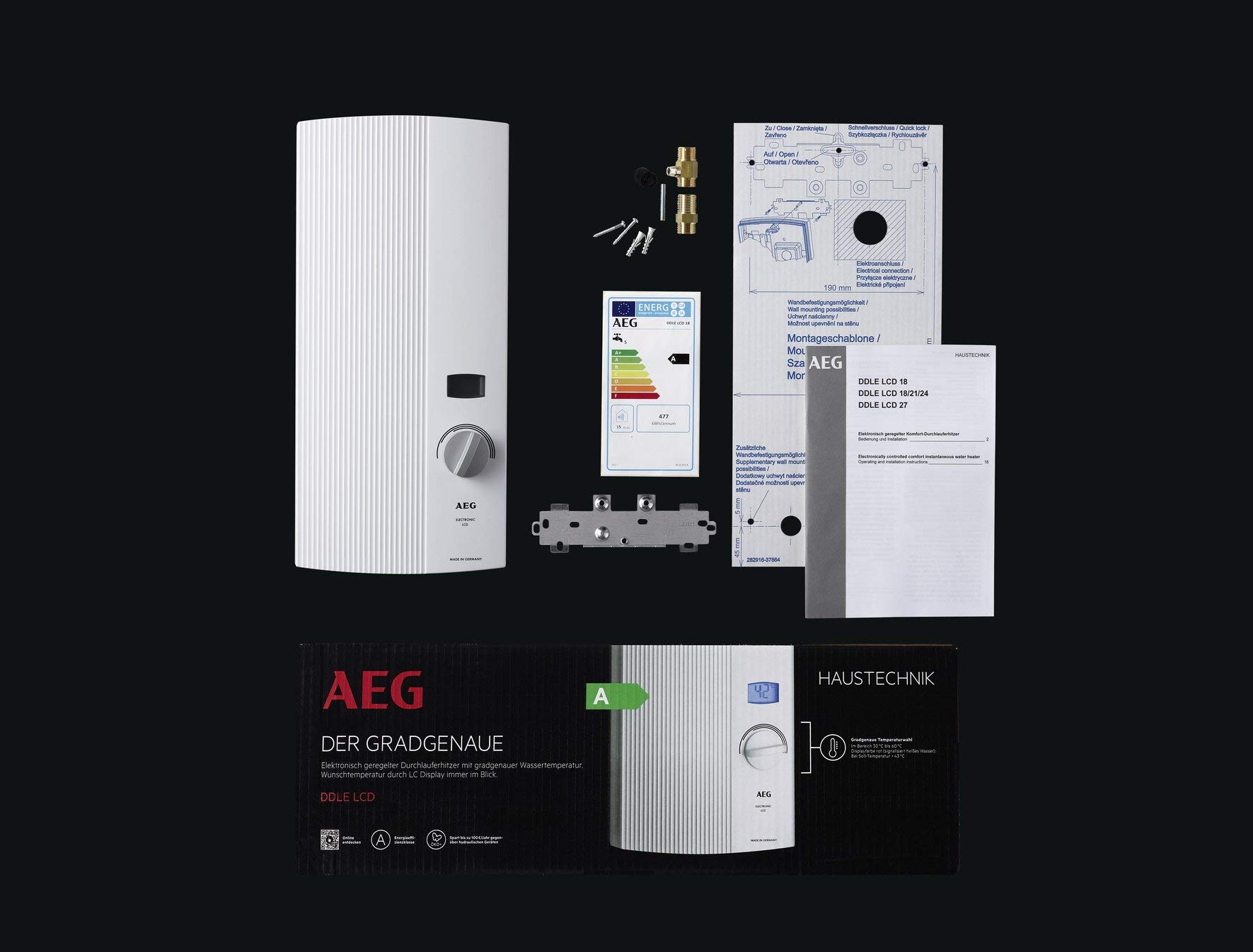 AEG elektronischer Durchlauferhitzer DDLE LCD 18 kW, gradgenaue Temperaturwahl, LC-Display, Festanschluss 400V, VDE geprüft, 222392 5