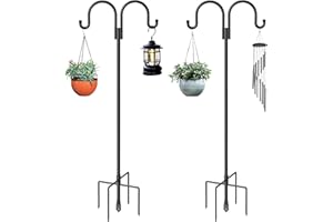 HIGHPRO Double Shepherds Hooks for Outdoor, 2 Pack 63 Inch Bird Feeder Pole Hanger with 5 Prongs Base, Heavy Duty Bird Feeder Garden Hook for Hanging Plant, Lantern, Hummingbird Feeder